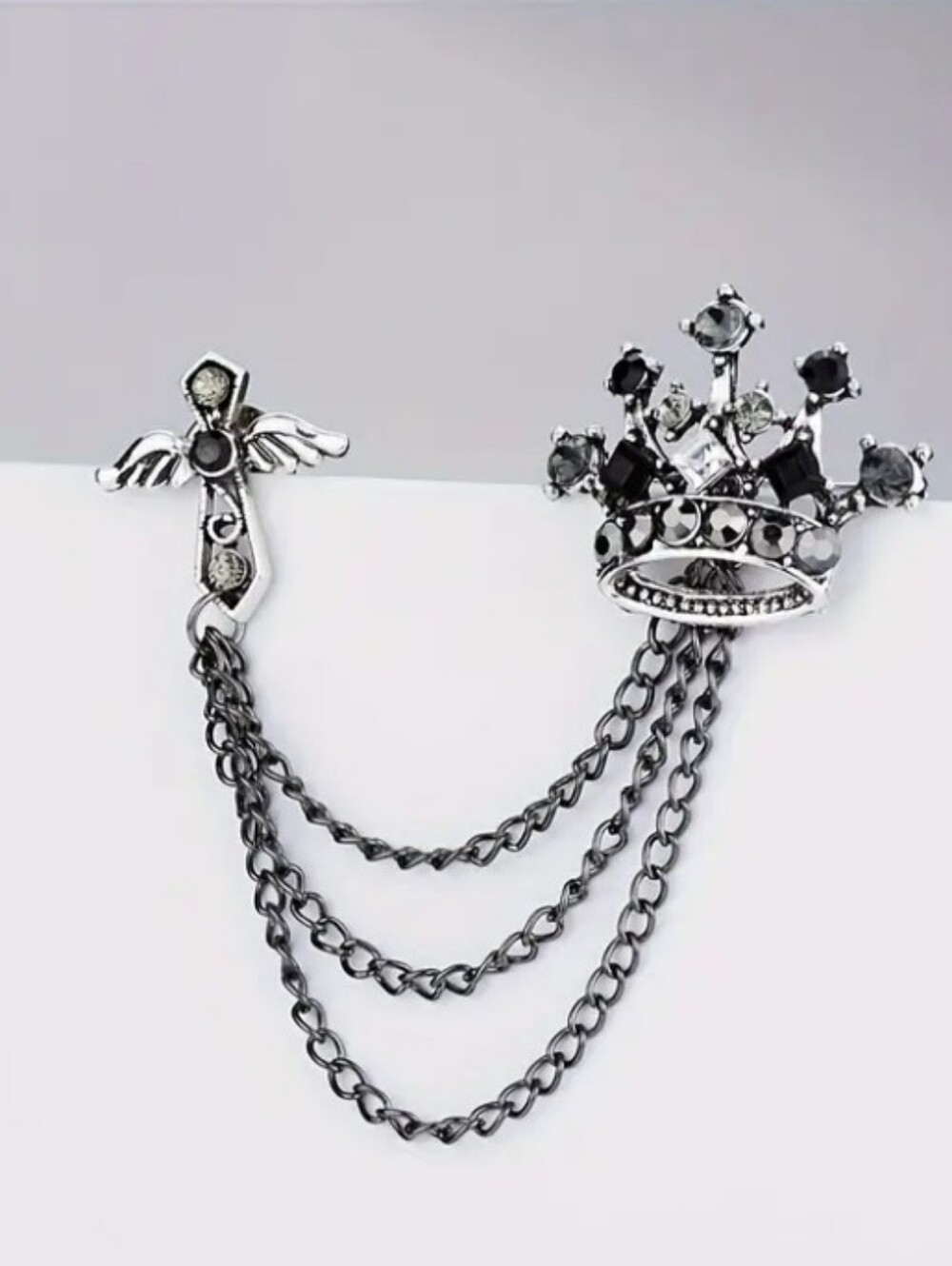 Vintage Silver Crown & Wing Chain Brooch Lapel Pin - Men’s Jewelry